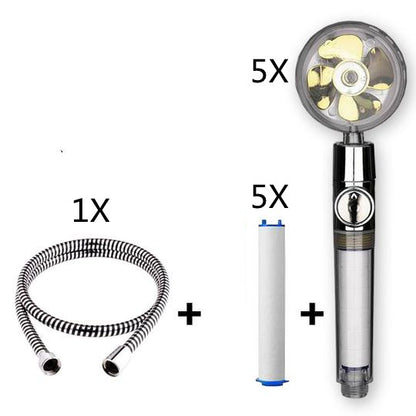 Propeller Driven Shower Head With Stop Button And Cotton Filter Turbocharged High Pressure Handheld Shower Nozzle