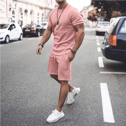 Men 2 Piece Outfits Summer Casual Crew Neck Muscle Short Sleeve Shirt and Classic Fit Sport Shorts Set Tracksuit