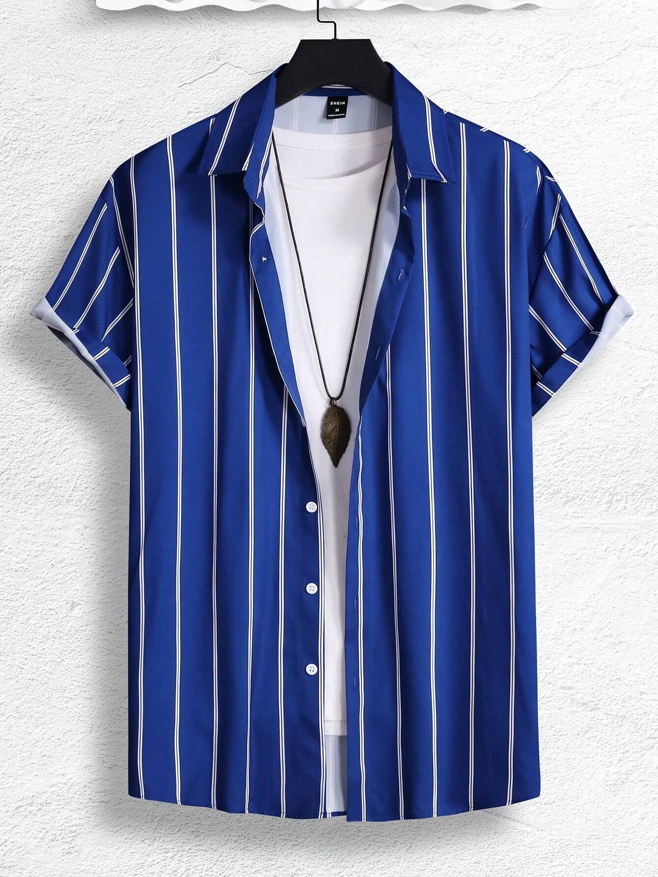 Manfinity Homme Men Striped Print Graphic Colorful Casual Short Sleeve Shirt without Tee, for Boyfriend Gift Stripe Shirt for Menroyal Blue Shirt Men