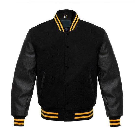 Varsity Bomber Letterman Black Wool & Real Cowhide Leather Sleeves Jackets